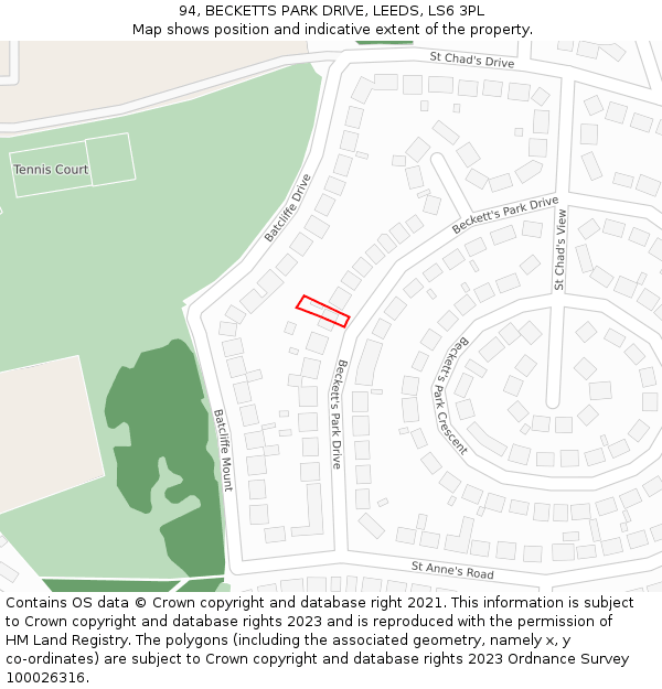 94, BECKETTS PARK DRIVE, LEEDS, LS6 3PL: Location map and indicative extent of plot
