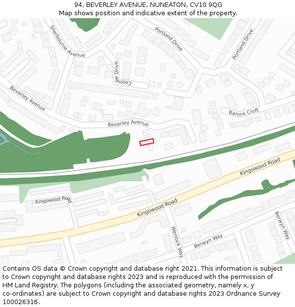 94, BEVERLEY AVENUE, NUNEATON, CV10 9QG: Location map and indicative extent of plot