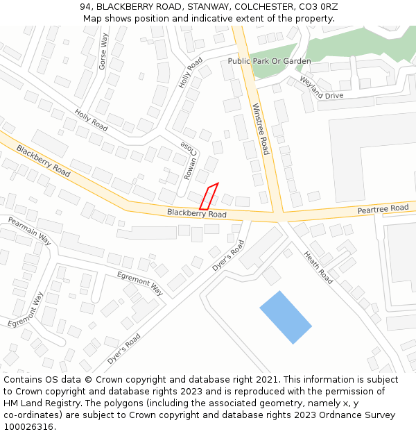94, BLACKBERRY ROAD, STANWAY, COLCHESTER, CO3 0RZ: Location map and indicative extent of plot