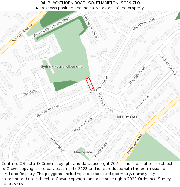 94, BLACKTHORN ROAD, SOUTHAMPTON, SO19 7LQ: Location map and indicative extent of plot