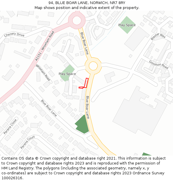 94, BLUE BOAR LANE, NORWICH, NR7 8RY: Location map and indicative extent of plot