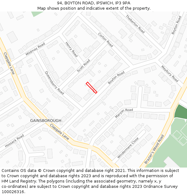94, BOYTON ROAD, IPSWICH, IP3 9PA: Location map and indicative extent of plot