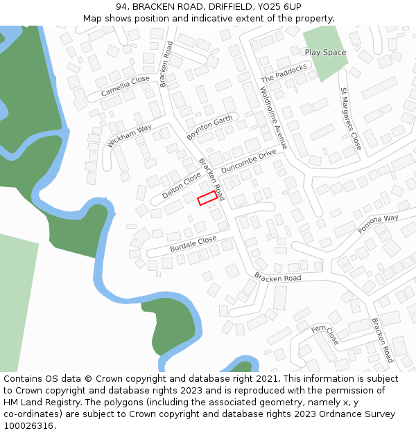 94, BRACKEN ROAD, DRIFFIELD, YO25 6UP: Location map and indicative extent of plot