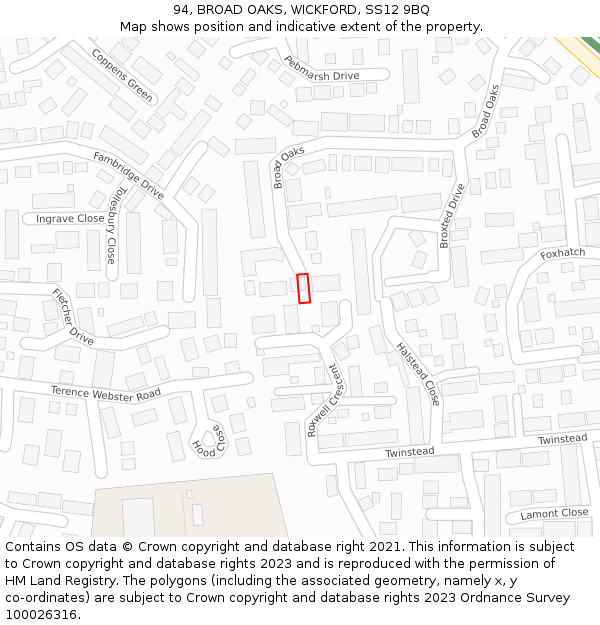 94, BROAD OAKS, WICKFORD, SS12 9BQ: Location map and indicative extent of plot