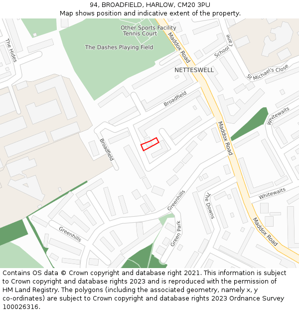 94, BROADFIELD, HARLOW, CM20 3PU: Location map and indicative extent of plot