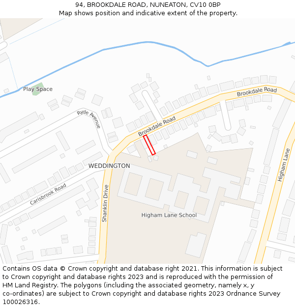 94, BROOKDALE ROAD, NUNEATON, CV10 0BP: Location map and indicative extent of plot