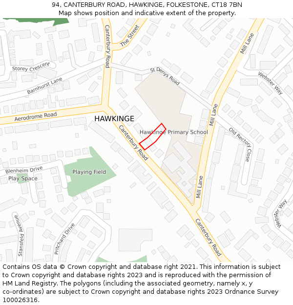 94, CANTERBURY ROAD, HAWKINGE, FOLKESTONE, CT18 7BN: Location map and indicative extent of plot