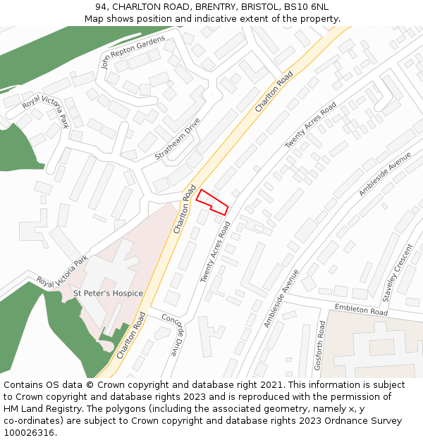 94, CHARLTON ROAD, BRENTRY, BRISTOL, BS10 6NL: Location map and indicative extent of plot