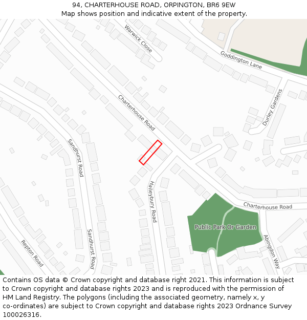 94, CHARTERHOUSE ROAD, ORPINGTON, BR6 9EW: Location map and indicative extent of plot