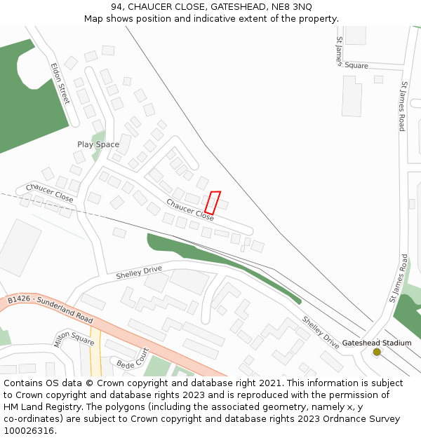 94, CHAUCER CLOSE, GATESHEAD, NE8 3NQ: Location map and indicative extent of plot