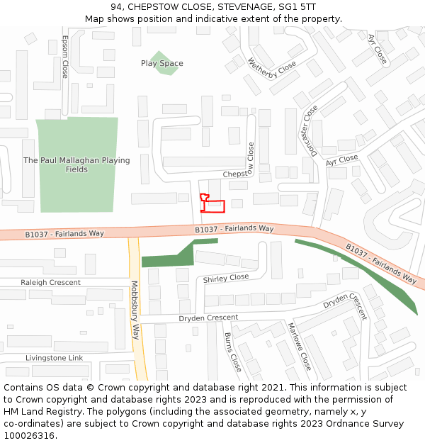 94, CHEPSTOW CLOSE, STEVENAGE, SG1 5TT: Location map and indicative extent of plot