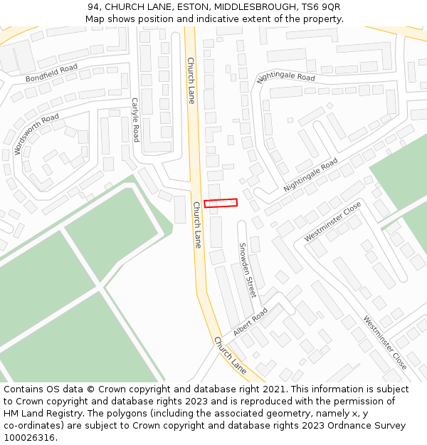 94, CHURCH LANE, ESTON, MIDDLESBROUGH, TS6 9QR: Location map and indicative extent of plot