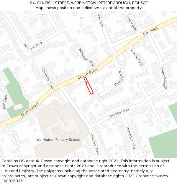 94, CHURCH STREET, WERRINGTON, PETERBOROUGH, PE4 6QF: Location map and indicative extent of plot