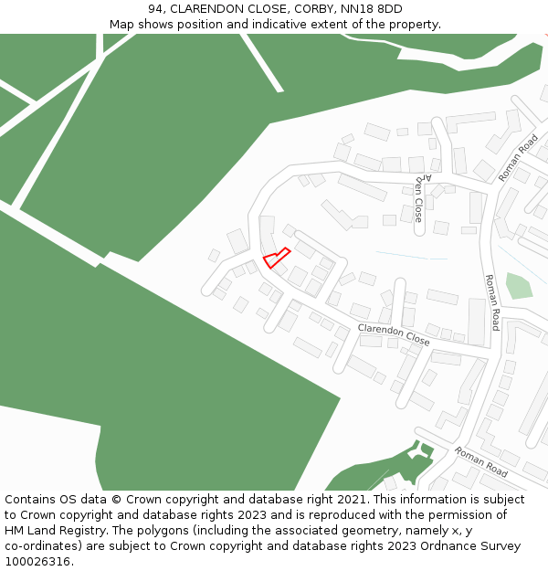 94, CLARENDON CLOSE, CORBY, NN18 8DD: Location map and indicative extent of plot