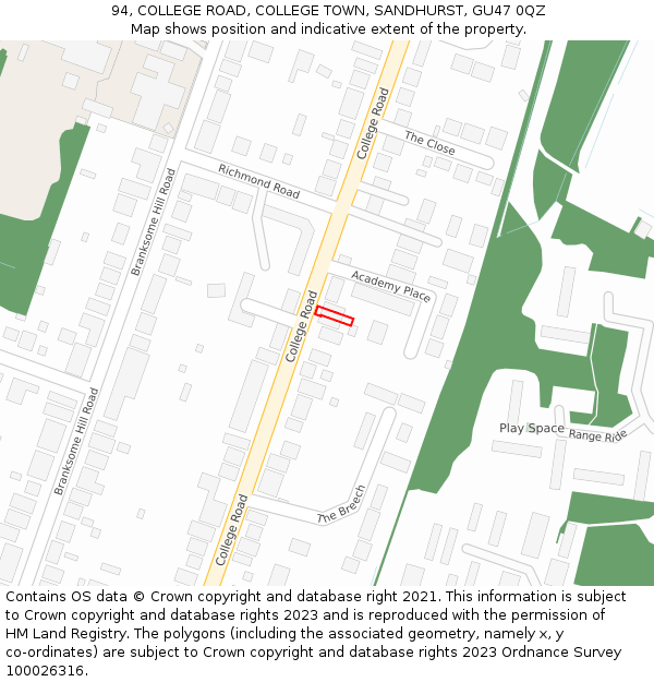94, COLLEGE ROAD, COLLEGE TOWN, SANDHURST, GU47 0QZ: Location map and indicative extent of plot