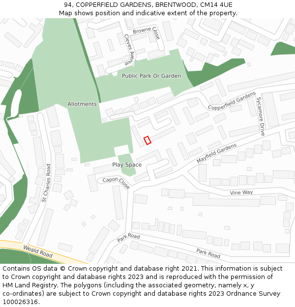 94, COPPERFIELD GARDENS, BRENTWOOD, CM14 4UE: Location map and indicative extent of plot