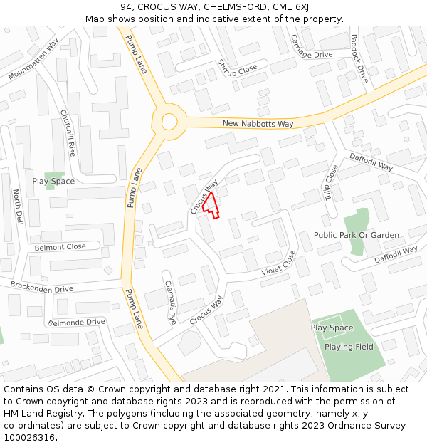 94, CROCUS WAY, CHELMSFORD, CM1 6XJ: Location map and indicative extent of plot