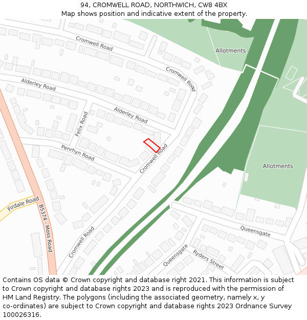 94, CROMWELL ROAD, NORTHWICH, CW8 4BX: Location map and indicative extent of plot