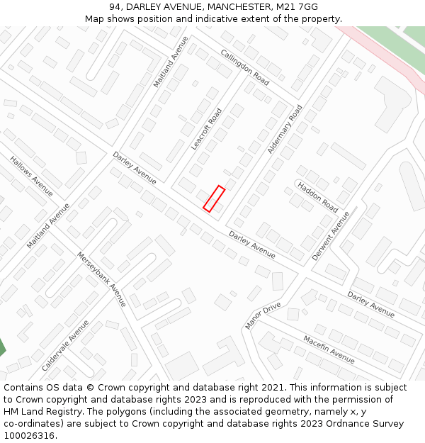 94, DARLEY AVENUE, MANCHESTER, M21 7GG: Location map and indicative extent of plot