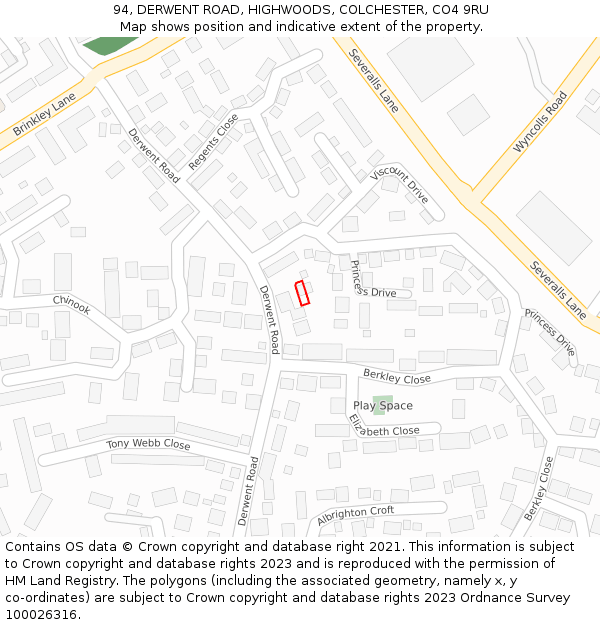 94, DERWENT ROAD, HIGHWOODS, COLCHESTER, CO4 9RU: Location map and indicative extent of plot