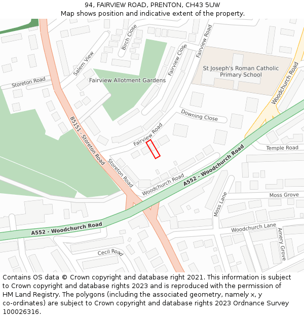 94, FAIRVIEW ROAD, PRENTON, CH43 5UW: Location map and indicative extent of plot