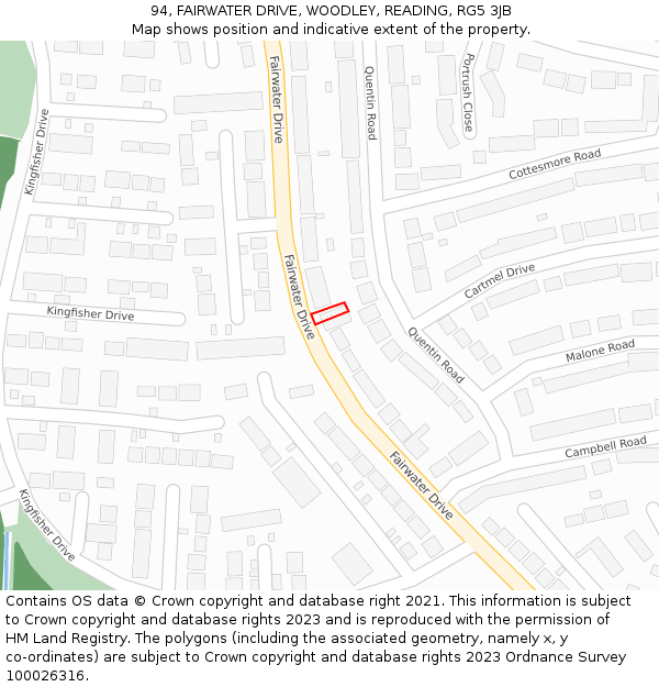 94, FAIRWATER DRIVE, WOODLEY, READING, RG5 3JB: Location map and indicative extent of plot