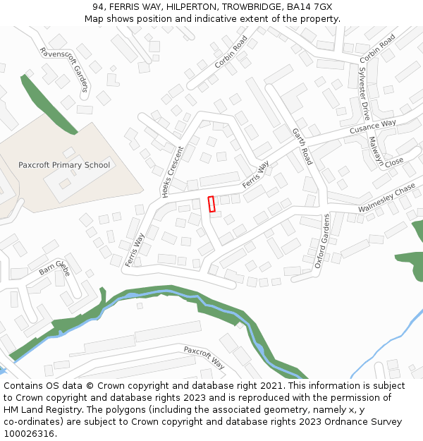 94, FERRIS WAY, HILPERTON, TROWBRIDGE, BA14 7GX: Location map and indicative extent of plot
