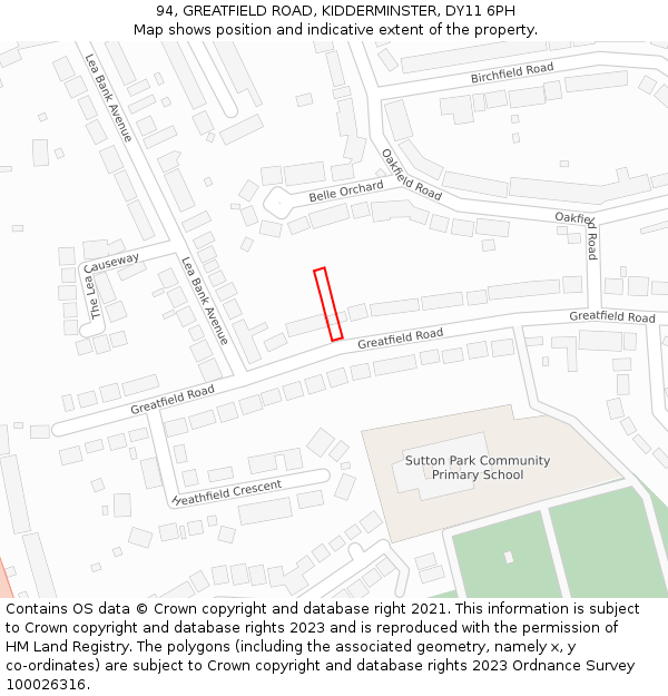 94, GREATFIELD ROAD, KIDDERMINSTER, DY11 6PH: Location map and indicative extent of plot