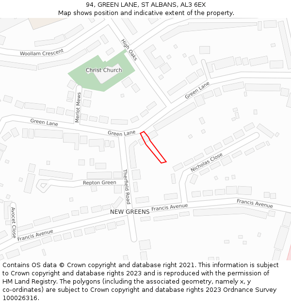 94, GREEN LANE, ST ALBANS, AL3 6EX: Location map and indicative extent of plot