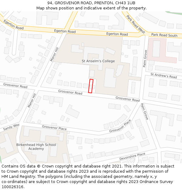 94, GROSVENOR ROAD, PRENTON, CH43 1UB: Location map and indicative extent of plot