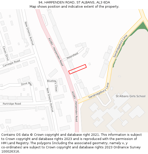 94, HARPENDEN ROAD, ST ALBANS, AL3 6DA: Location map and indicative extent of plot