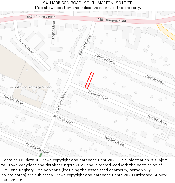 94, HARRISON ROAD, SOUTHAMPTON, SO17 3TJ: Location map and indicative extent of plot