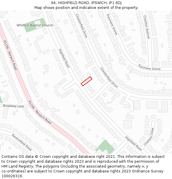 94, HIGHFIELD ROAD, IPSWICH, IP1 6DJ: Location map and indicative extent of plot