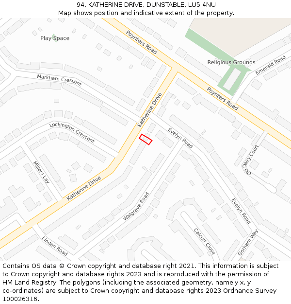 94, KATHERINE DRIVE, DUNSTABLE, LU5 4NU: Location map and indicative extent of plot