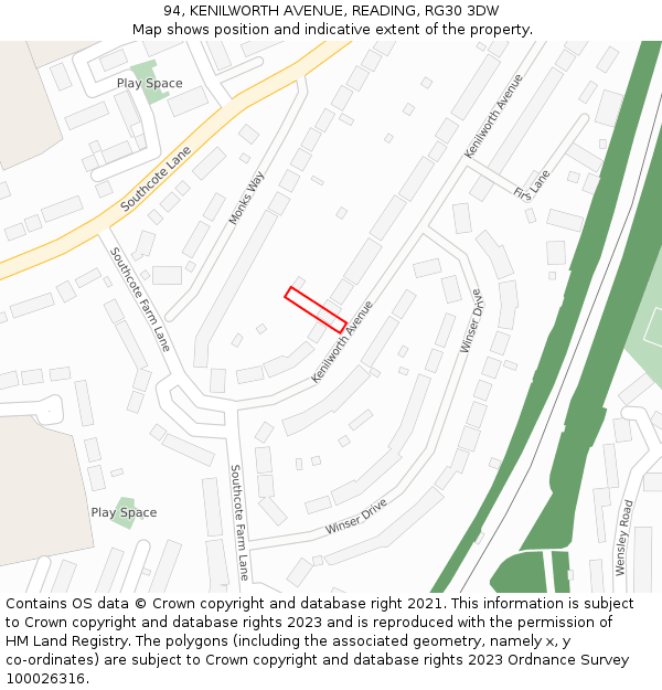 94, KENILWORTH AVENUE, READING, RG30 3DW: Location map and indicative extent of plot
