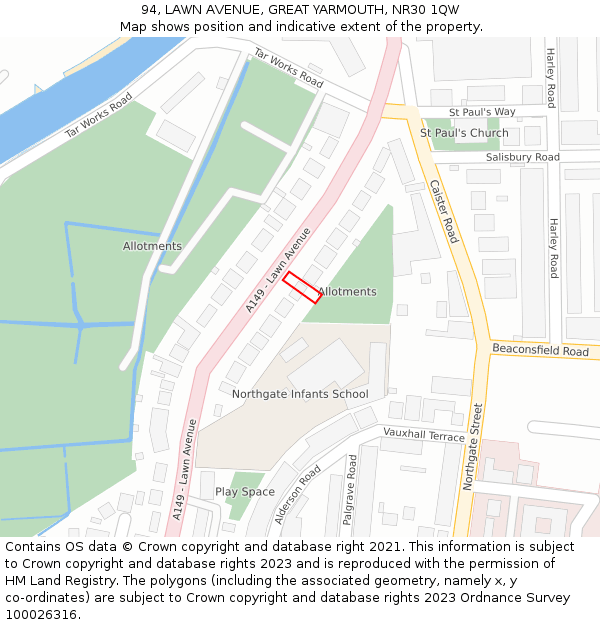 94, LAWN AVENUE, GREAT YARMOUTH, NR30 1QW: Location map and indicative extent of plot