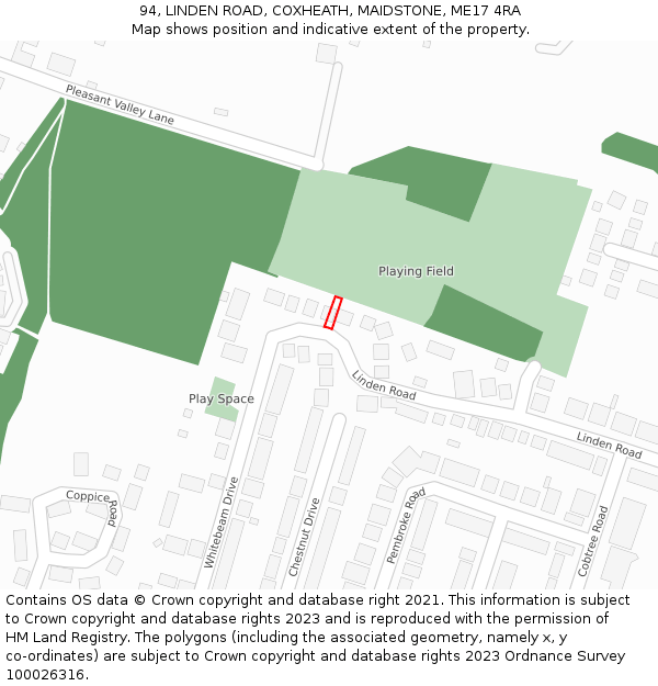 94, LINDEN ROAD, COXHEATH, MAIDSTONE, ME17 4RA: Location map and indicative extent of plot