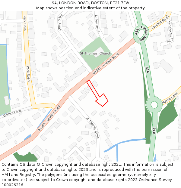 94, LONDON ROAD, BOSTON, PE21 7EW: Location map and indicative extent of plot