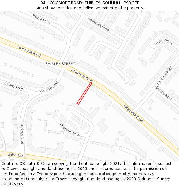94, LONGMORE ROAD, SHIRLEY, SOLIHULL, B90 3EE: Location map and indicative extent of plot