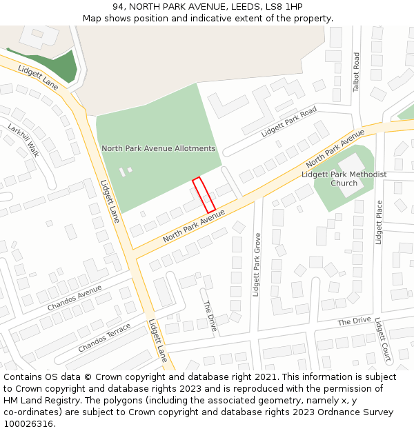94, NORTH PARK AVENUE, LEEDS, LS8 1HP: Location map and indicative extent of plot