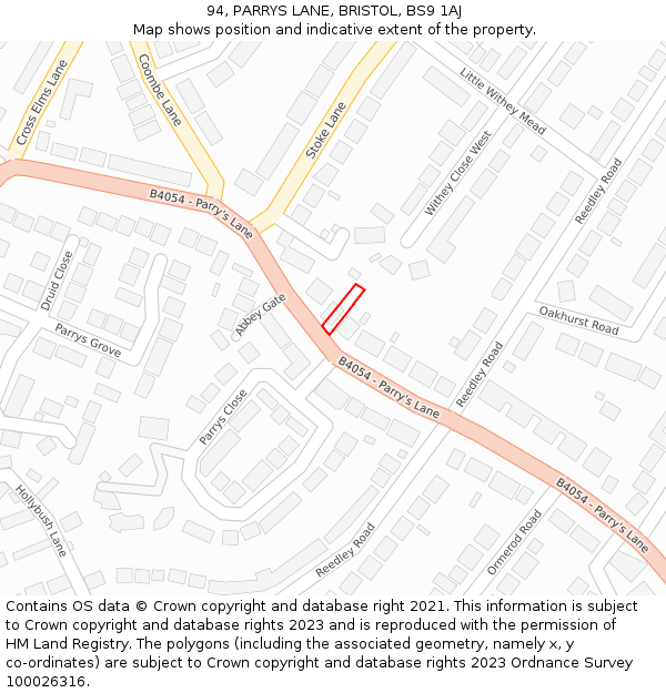 94, PARRYS LANE, BRISTOL, BS9 1AJ: Location map and indicative extent of plot