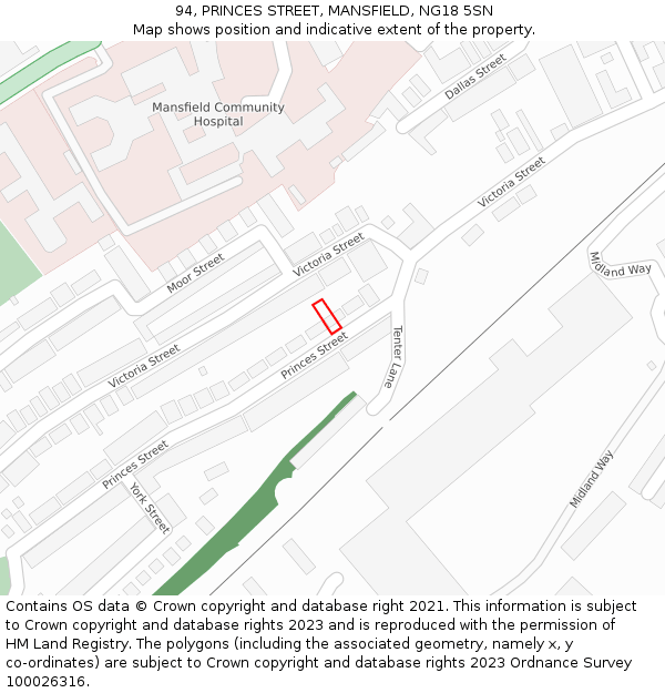 94, PRINCES STREET, MANSFIELD, NG18 5SN: Location map and indicative extent of plot