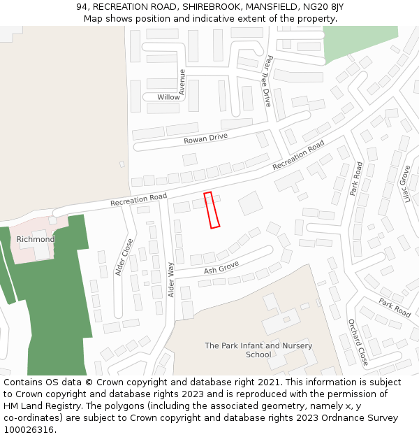 94, RECREATION ROAD, SHIREBROOK, MANSFIELD, NG20 8JY: Location map and indicative extent of plot