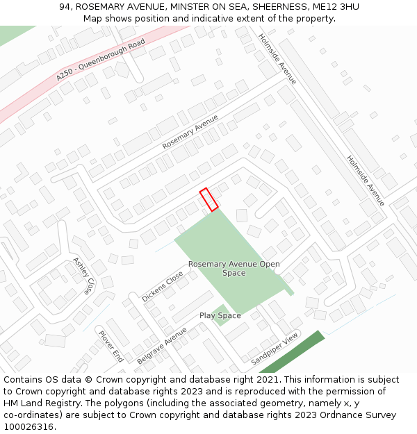 94, ROSEMARY AVENUE, MINSTER ON SEA, SHEERNESS, ME12 3HU: Location map and indicative extent of plot