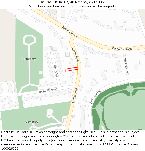 94, SPRING ROAD, ABINGDON, OX14 1AX: Location map and indicative extent of plot