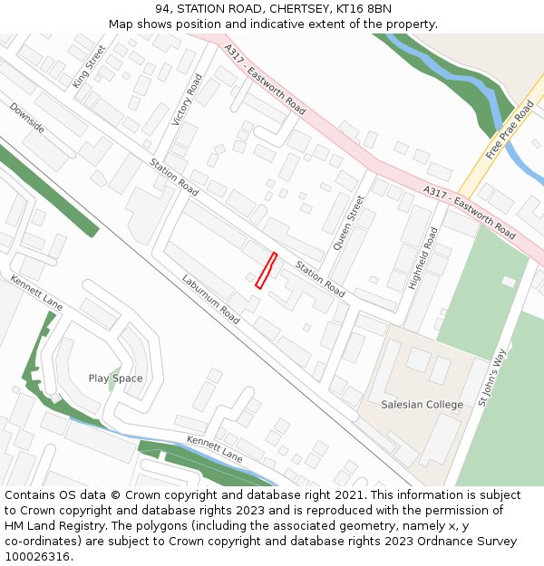 94, STATION ROAD, CHERTSEY, KT16 8BN: Location map and indicative extent of plot