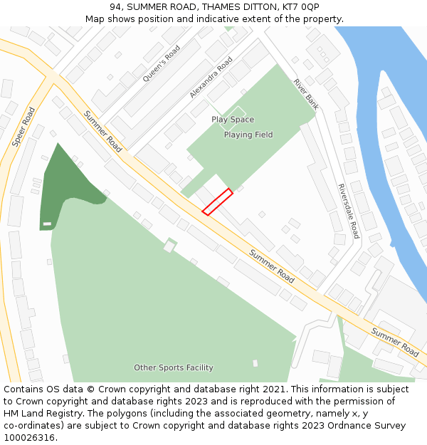 94, SUMMER ROAD, THAMES DITTON, KT7 0QP: Location map and indicative extent of plot