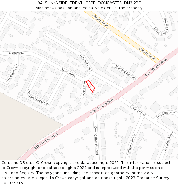 94, SUNNYSIDE, EDENTHORPE, DONCASTER, DN3 2PG: Location map and indicative extent of plot