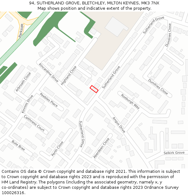 94, SUTHERLAND GROVE, BLETCHLEY, MILTON KEYNES, MK3 7NX: Location map and indicative extent of plot