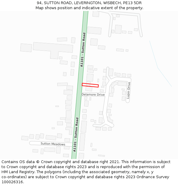 94, SUTTON ROAD, LEVERINGTON, WISBECH, PE13 5DR: Location map and indicative extent of plot